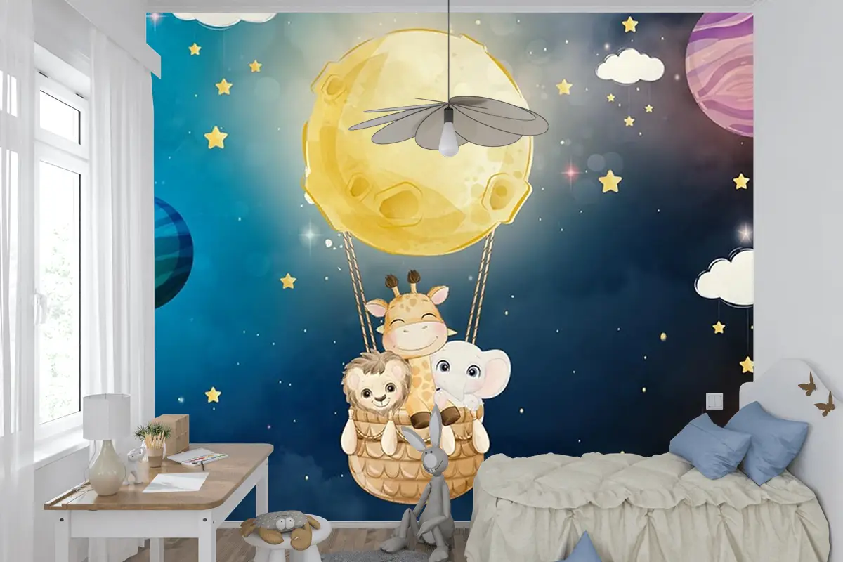 Galaksi Gezegenler Ve Sevimli Hayvanlar Çocuk Odası Duvar Kağıdı