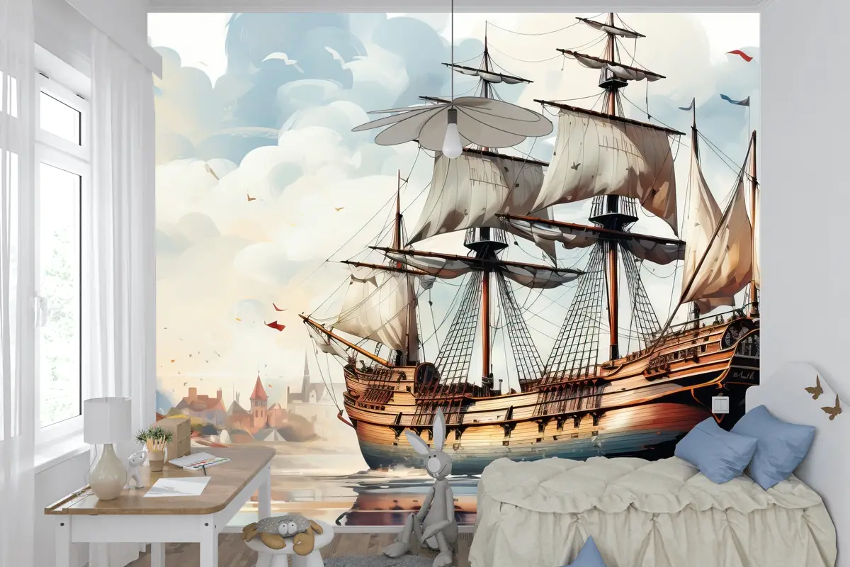 Geometrik Düz Tasarım Şehir Manzaralı Başkent Gün Batımı Çocuk Odası Duvar Kağıdı