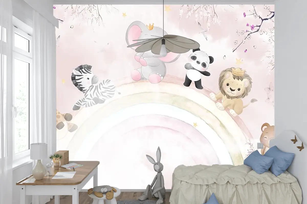 Gökkuşağı Üzerinde Sevimli Hayvanlar Çocuk Odası Duvar Kağıdı