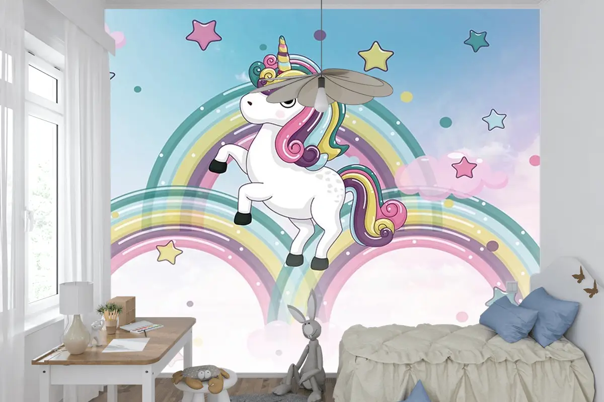 Gökkuşakları Üzerinde Unicorn Çocuk Odası Duvar Kağıdı
