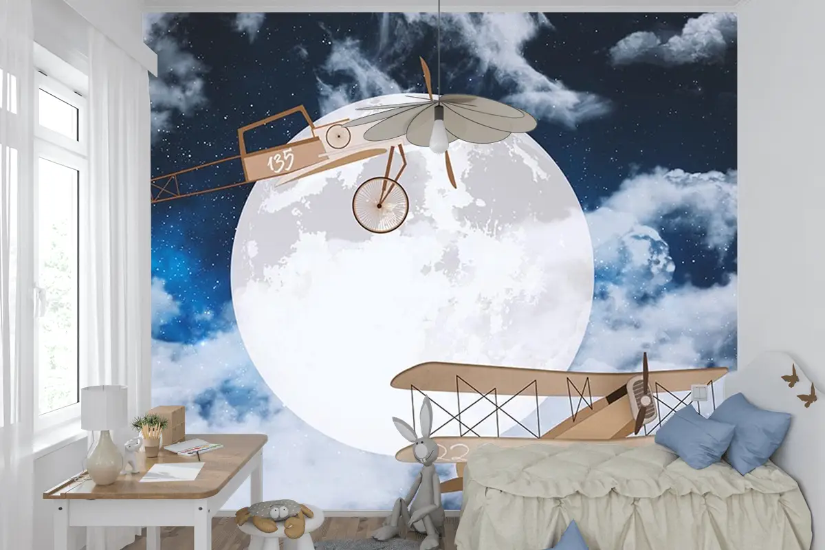Gökyüzünde Ay Ve Uçaklar Çocuk Odası Duvar Kağıdı