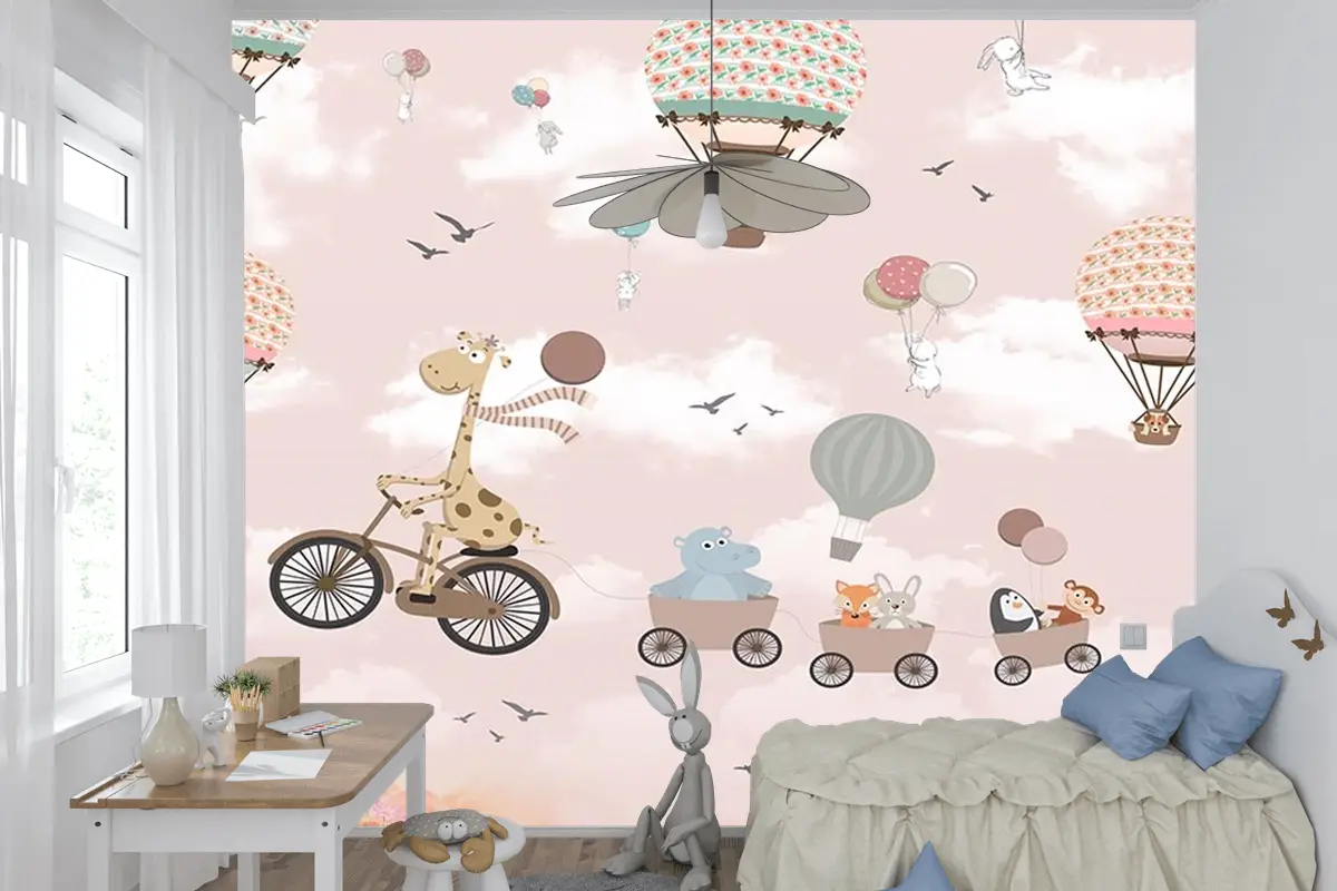 Gökyüzünde Bisiklet Süren Zürafa Ve Arkadaşları Çocuk Odası Duvar Kağıdı