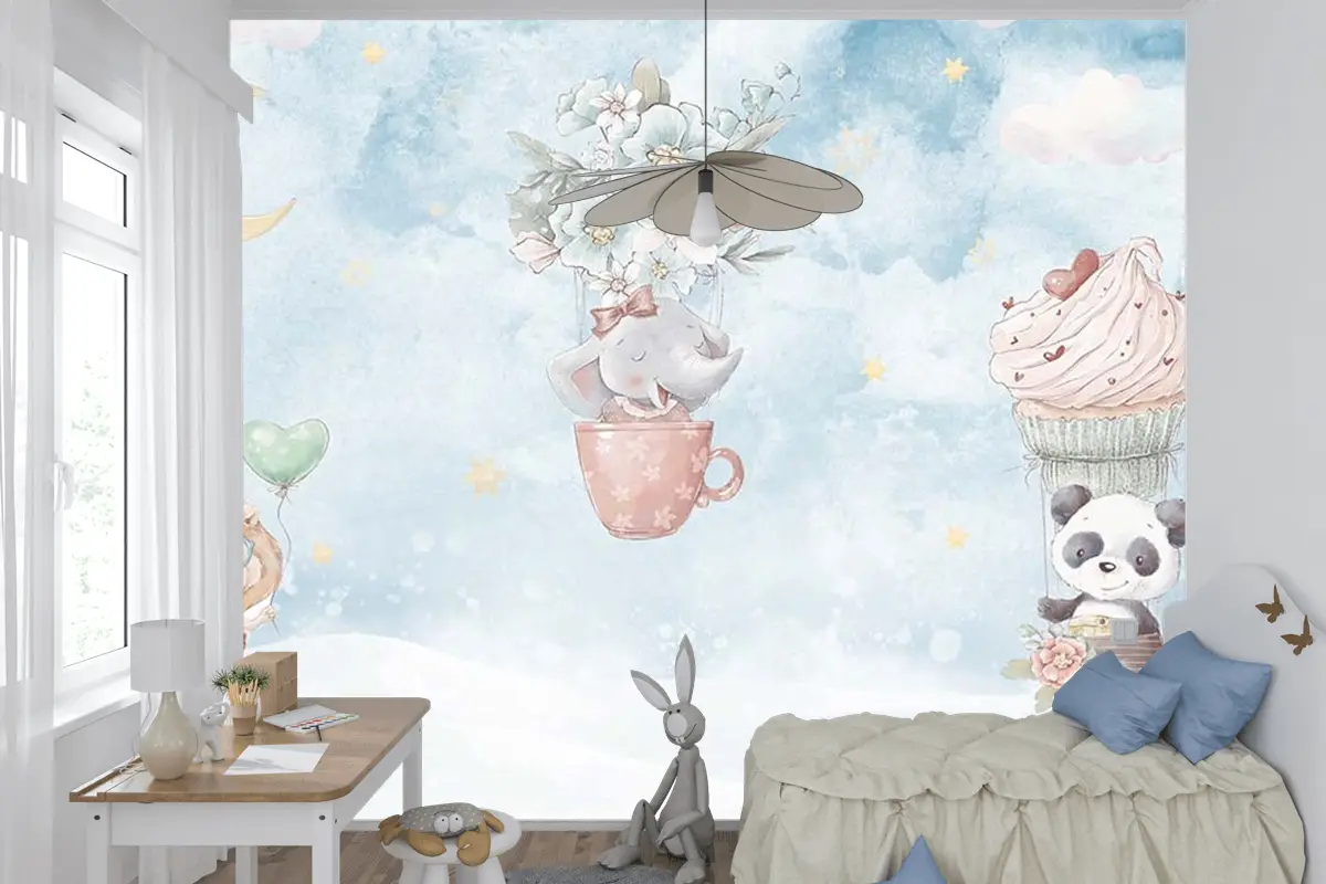 Gökyüzünde Fil Panda Çocuk Odası Duvar Kağıdı