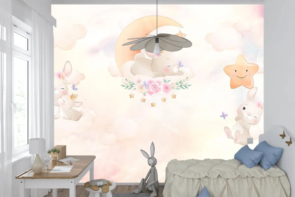 Gökyüzünde Sevimli Tavşanların Dünyası Çocuk Odası Duvar Kağıdı