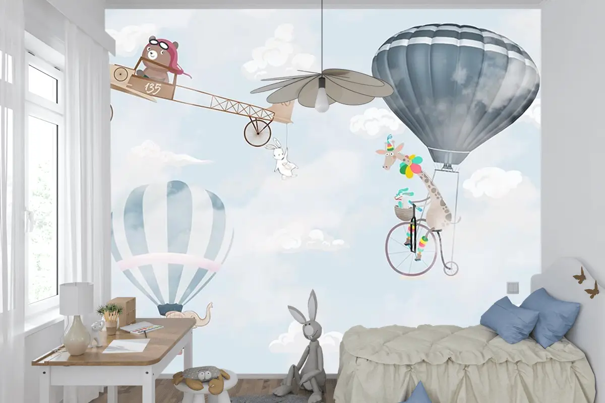 Gökyüzünde Uçak Balonlar Ve Sevimli Hayvanlar Çocuk Odası Duvar Kağıdı
