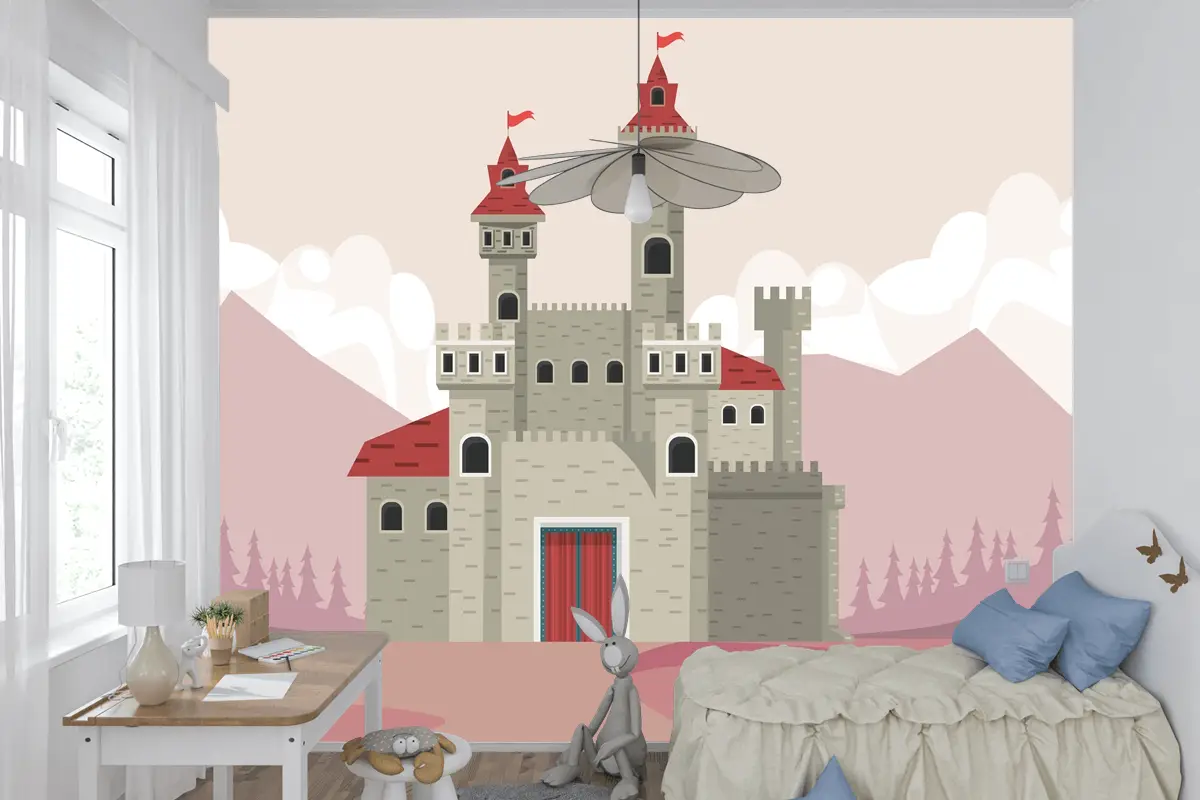 Pembe Manzara Sahnesi Çocuk Odası Duvar Kağıdı Duvarındaki Gri Kale