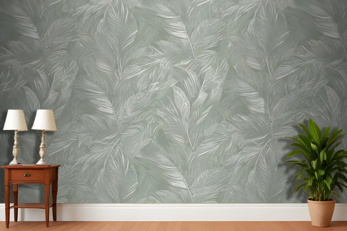 Üst Üste Binen Yaprak Veya Tüy Benzeri Şekillerle Yeşil Ve Beyaz Soyut Desen Antre  Hol  Koridor Duvar Kağıdı