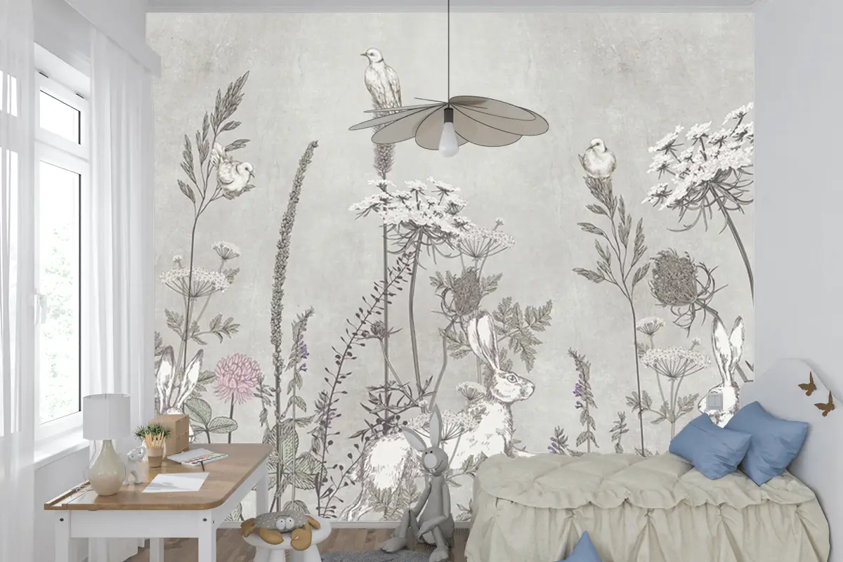 Gri Tavşanlar Ve Çiçekler Çocuk Odası Duvar Kağıdı