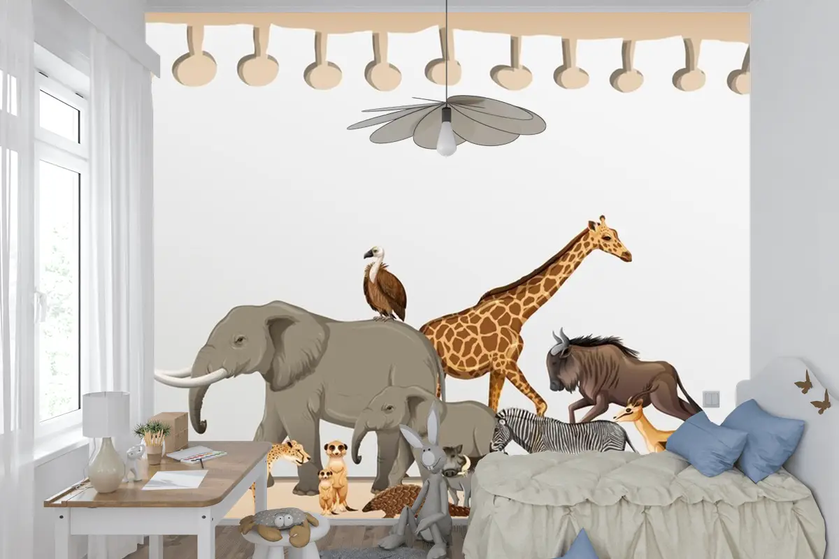 Kağıt Çocuk Odası Duvar Kağıdı  Üzerinde Vahşi Afrika Hayvanı Grubu