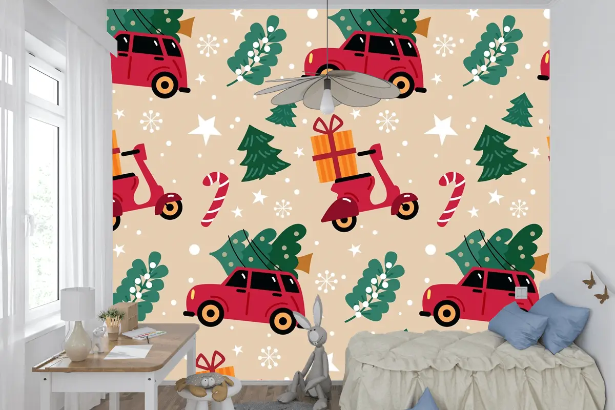 Elle Çizilmiş Düz Noel Desen Tasarımı Çocuk Odası Duvar Kağıdı