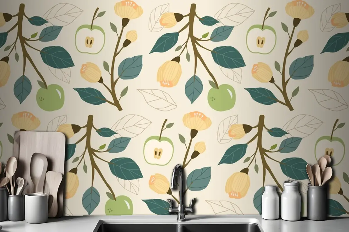 Elle Çizilmiş Düz Meyve Ve Çiçek Desenli Mutfak Duvar Kağıdı 