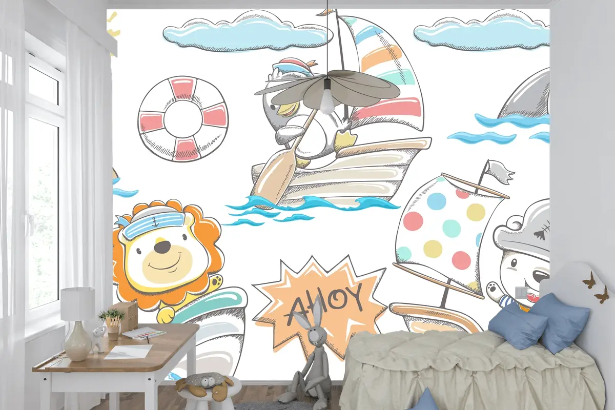 Elle Çizilmiş Komik Hayvanlar Deniz Elementleri Çocuk Odası Duvar Kağıdı
