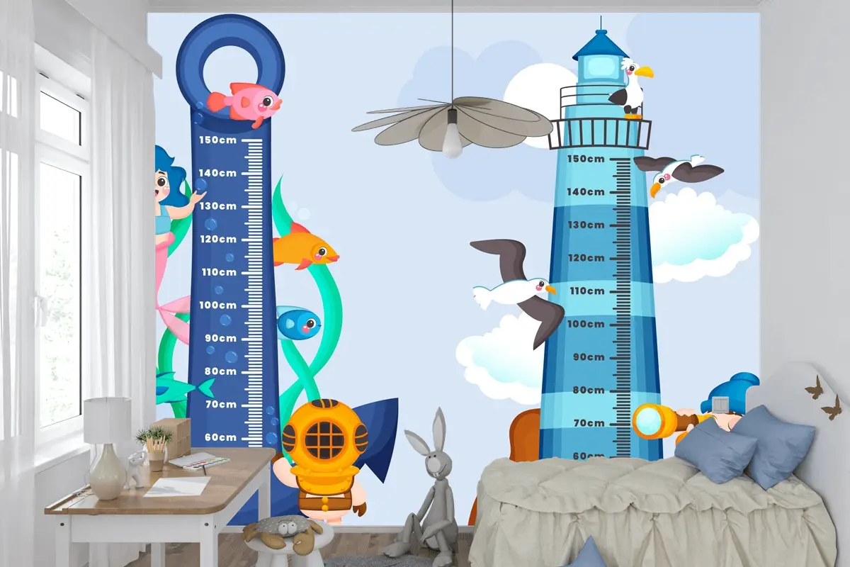 Elle Çizilmiş Yükseklik Ölçer Seti Çocuk Odası Duvar Kağıdı