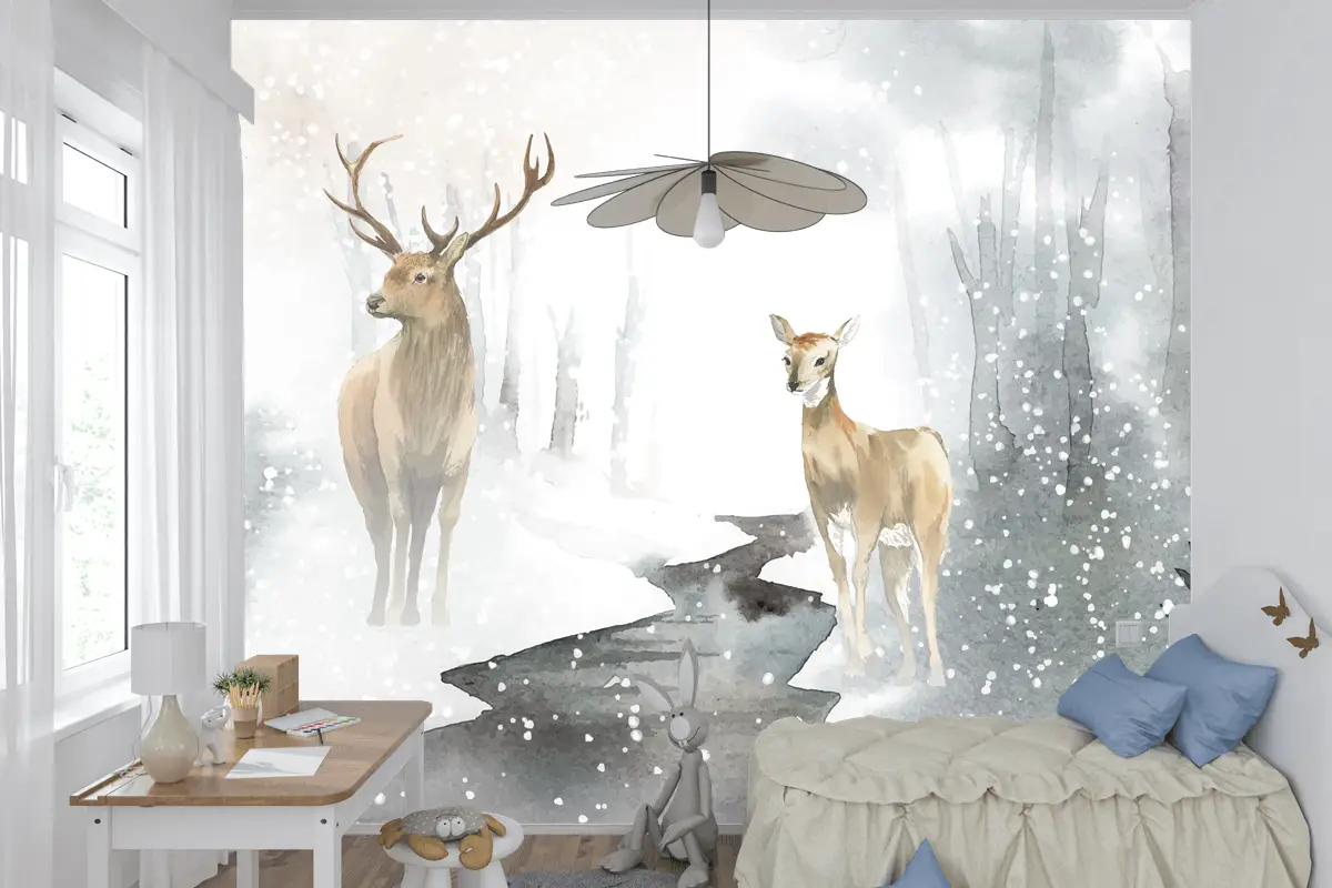 Elle Çizilmiş Geyik Çifti Suluboya Tarzı Çocuk Odası Duvar Kağıdı