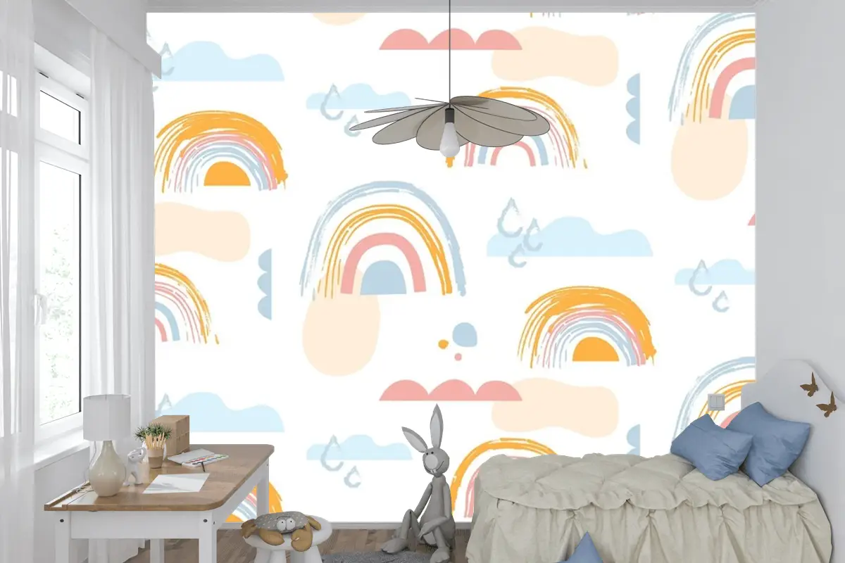 Elle Çizilmiş Gökkuşağı Desen Tasarımı Çocuk Odası Duvar Kağıdı