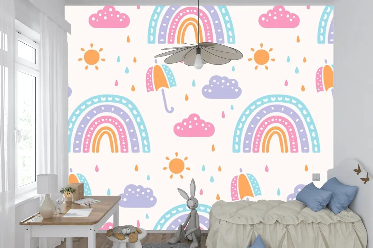 Elle Çizilmiş Gökkuşağı Desen Tasarımı Çocuklar Çocuk Odası Duvar Kağıdı