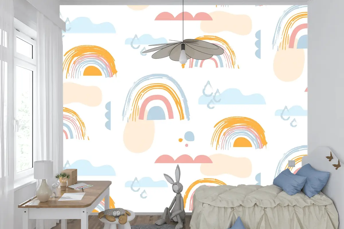 Elle Çizilmiş Gökkuşağı Desen Tasarımı Çocuk Odası Duvar Kağıdı