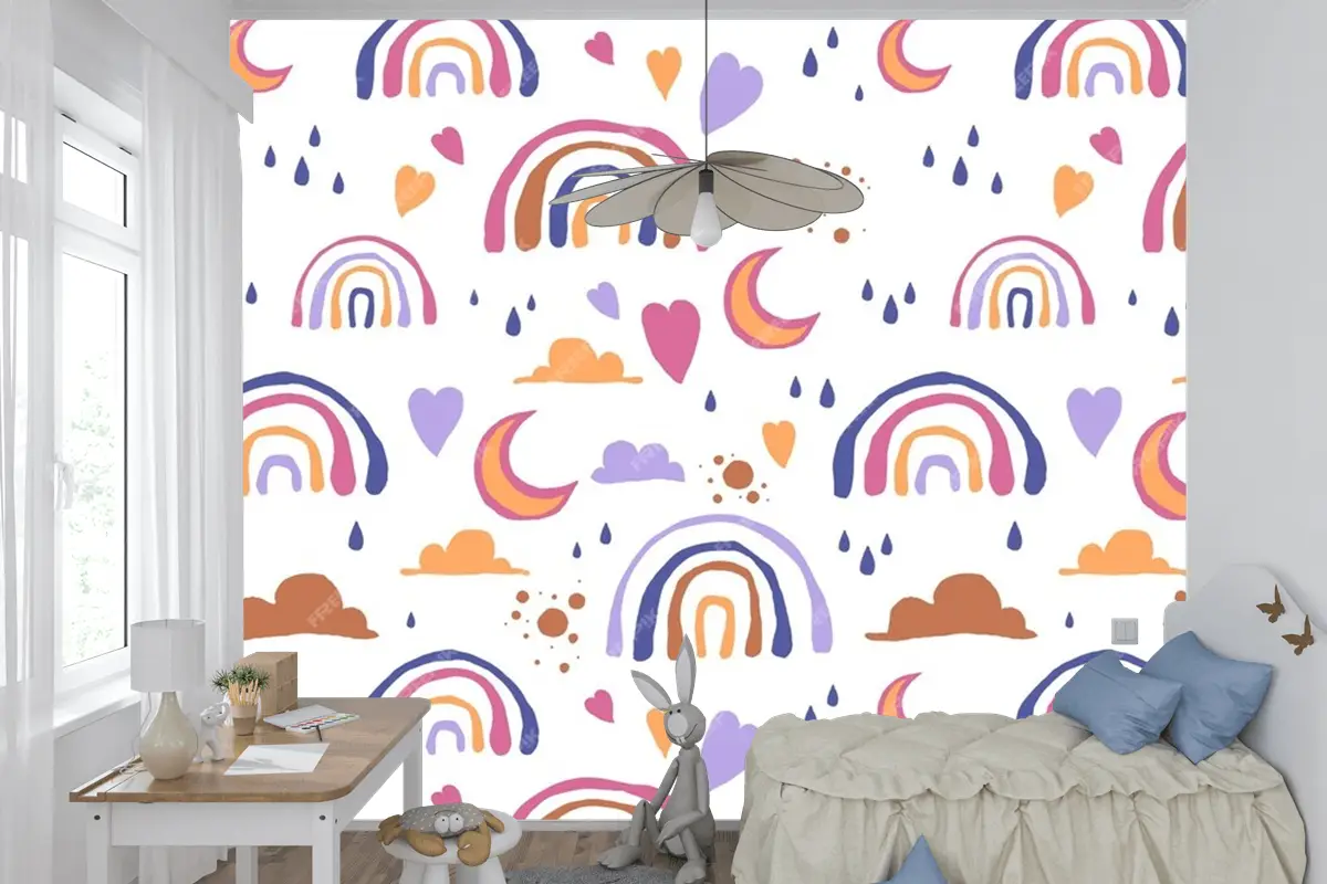 Elle Çizilmiş Gökkuşağı Desen Tasarımı Çocuk Odası Duvar Kağıdı
