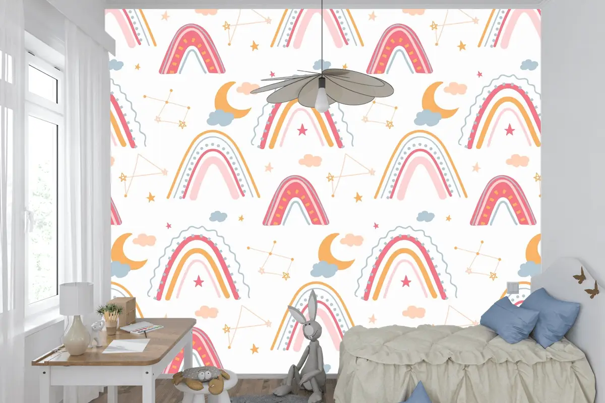 Elle Çizilmiş Gökkuşağı Desenli Çocuk Odası Duvar Kağıdı 
