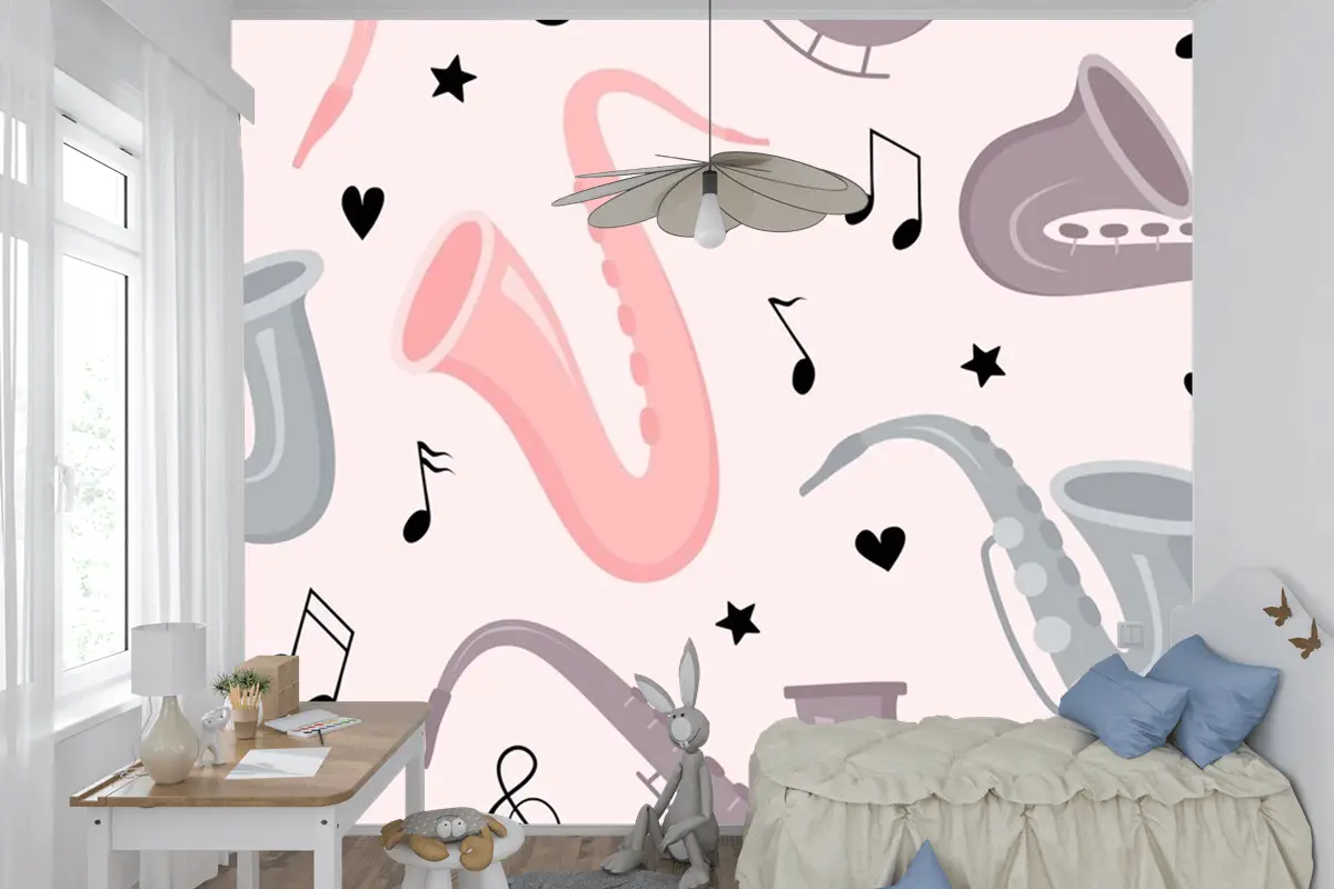 Elle Çizilmiş Saksafon Dikişsiz Desen Çocuk Odası Duvar Kağıdı