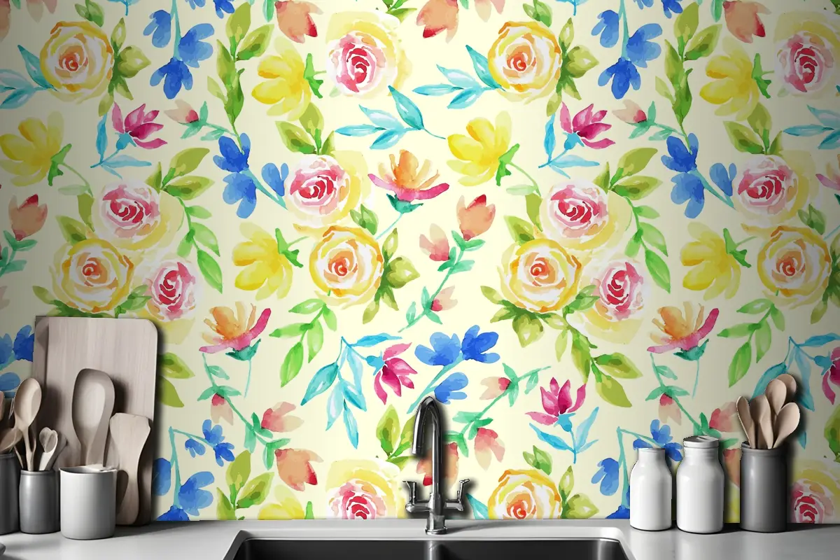 Elle Çizilmiş Küçük Çiçek Desenli Mutfak Duvar Kağıdı