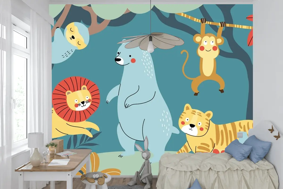 Elle Çizilmiş Yaban Hayatı Arka Plan Çocuk Odası Duvar Kağıdı 