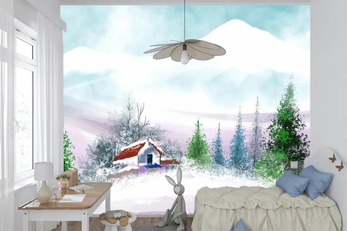 Noel Ve Yeni Yılınız Kutlu Olsun Çocuk Odası Duvar Kağıdı  İçin El Boyalı Suluboya Çizimi