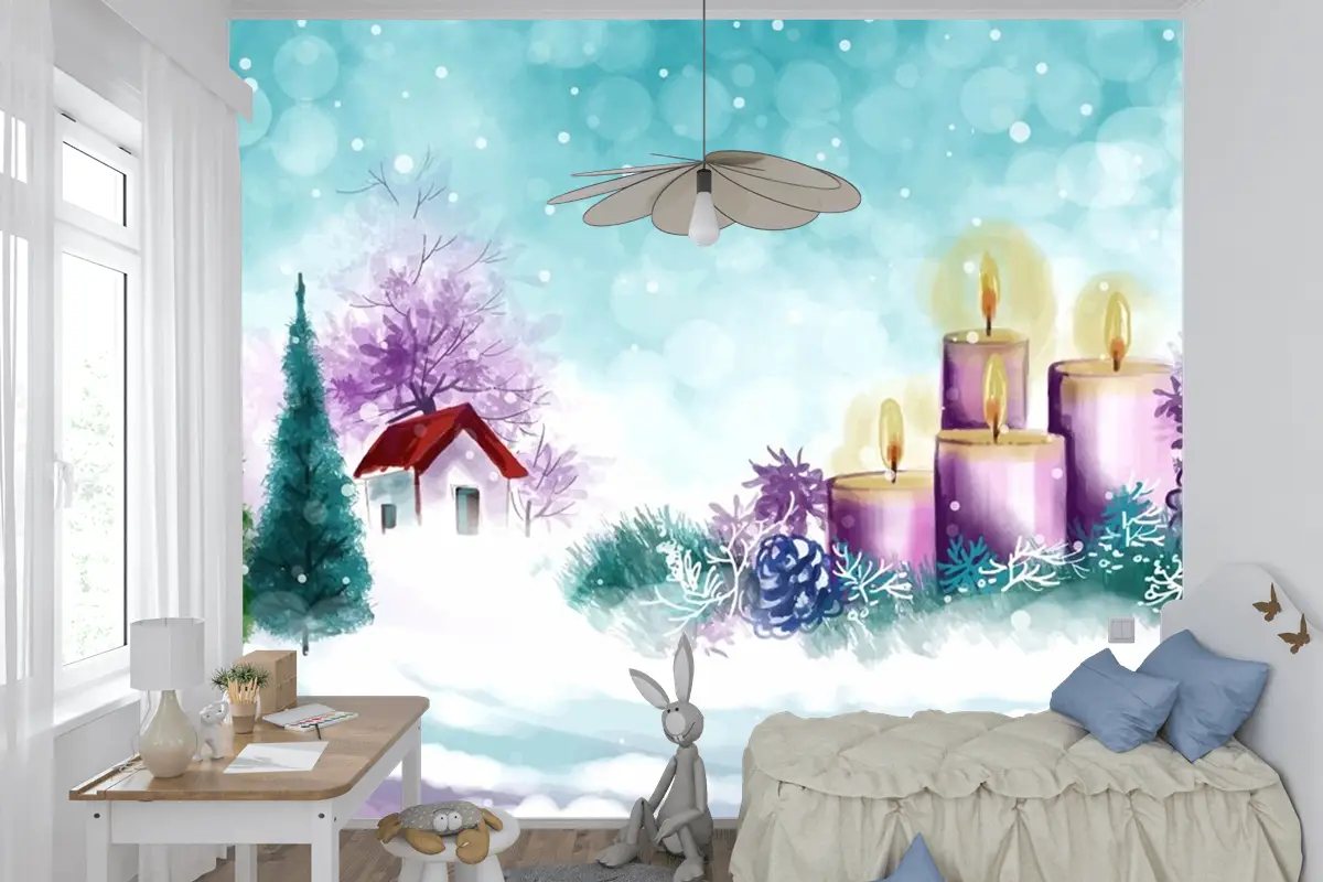 Noel Ve Mutlu Yeni Yıl Sezonu Çocuk Odası Duvar Kağıdı  Için El Boyalı Suluboya Çizimi