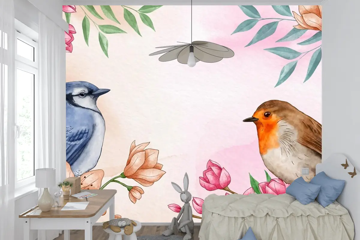 El Boyalı Suluboya Çiçek Kuşlar Arka Plan Çocuk Odası Duvar Kağıdı 