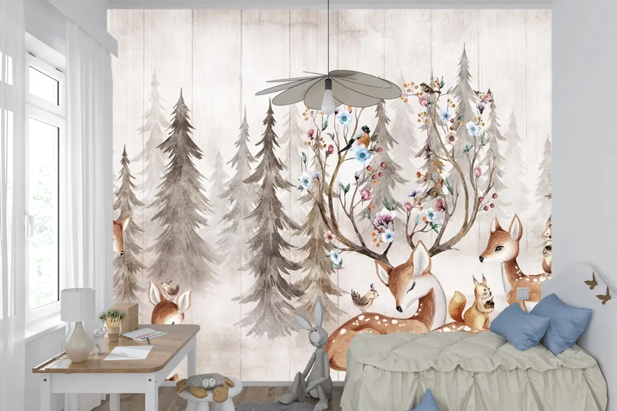 Hayvanlarla Suluboya Orman Geyik Çocuk Odası Duvar Kağıdı
