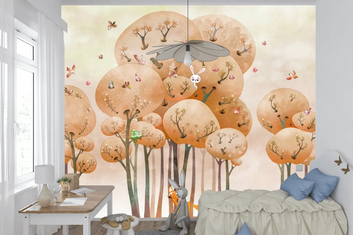 Hayvanlı Suluboya Orman Sonbahar Tilki Çocuk Odası Duvar Kağıdı