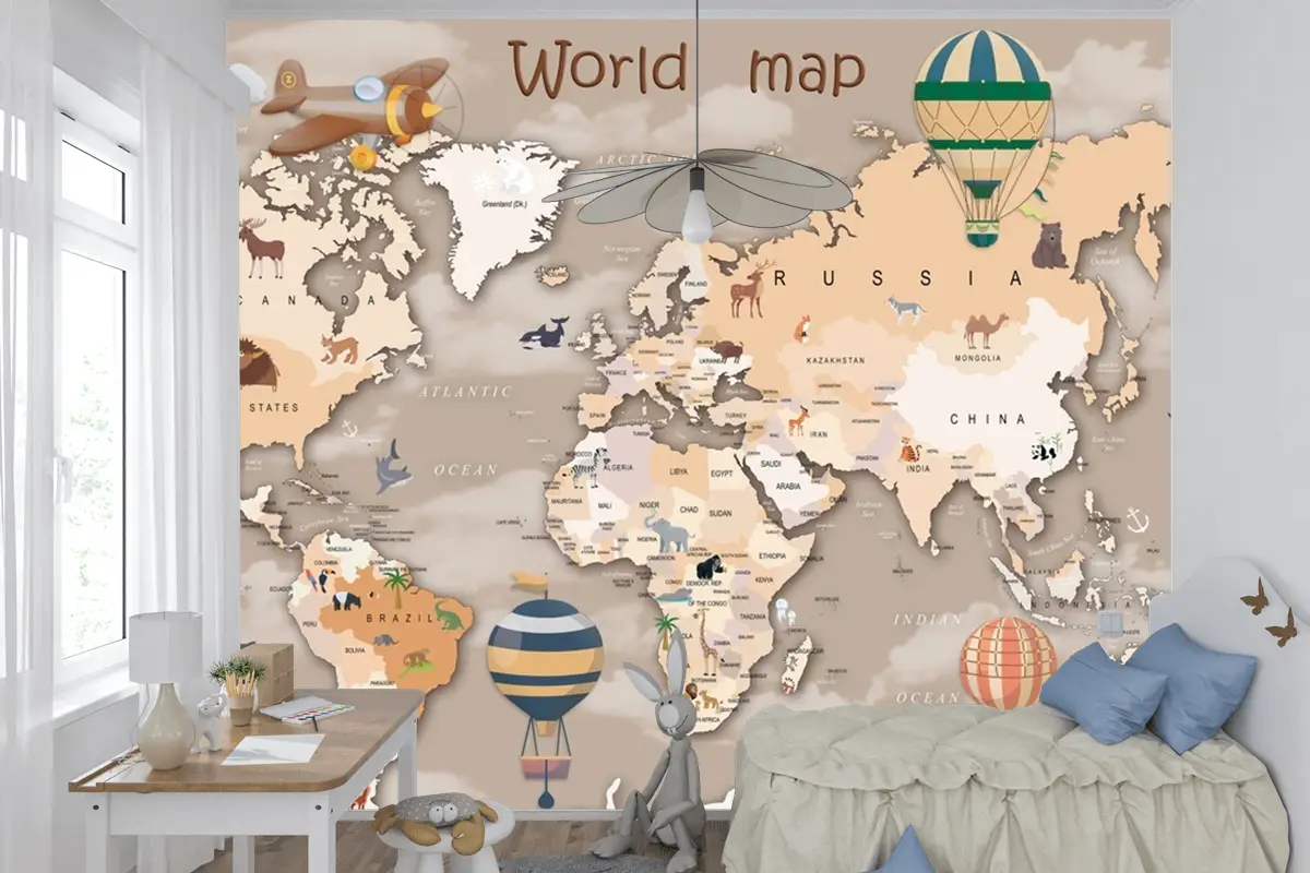 Hayvanlı Ve Sıcak Hava Balonlu Dünya Haritası Çocuk Odası Duvar Kağıdı