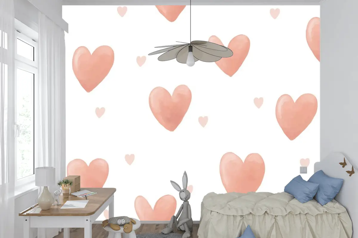 Kalp Arka Plan Sevimli Suluboya Çocuk Odası Duvar Kağıdı 