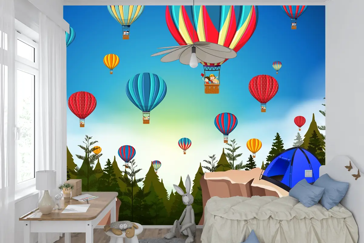 Doğada Sıcak Hava Balonu Manzara Çocuk Odası Duvar Kağıdı