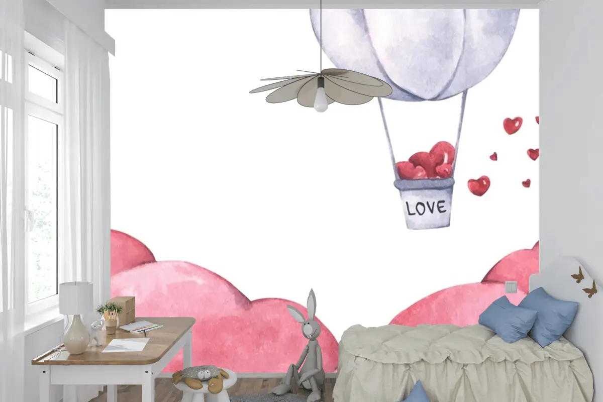 Sıcak Hava Balonu Gökyüzünde Yüzen Kalpli Çocuk Odası Duvar Kağıdı