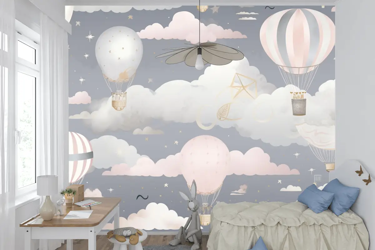 Bulutlarla Gökyüzünde Uçan Sıcak Hava Balonları Çocuk Odası Duvar Kağıdı