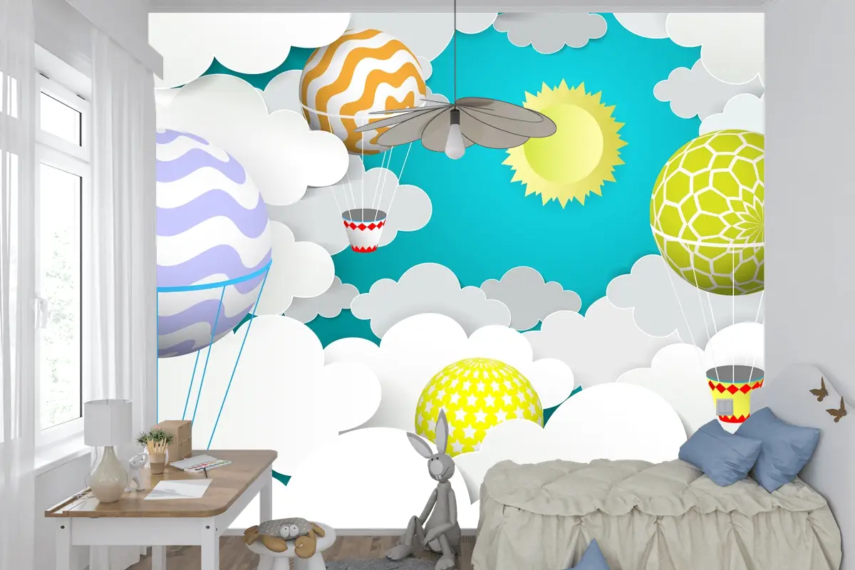 Gökyüzünde Sıcak Hava Balonları Kağıt Sanat Tarzı Çocuk Odası Duvar Kağıdı