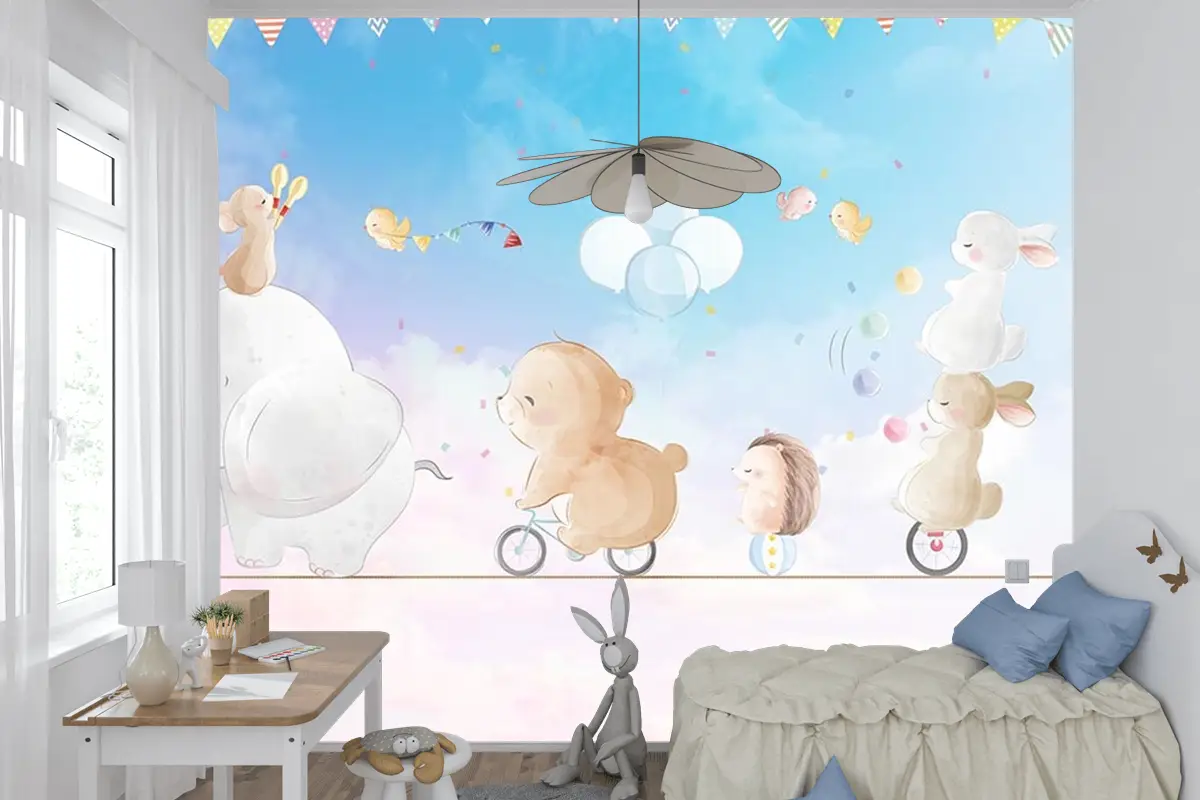 İp Üstünde Mutlu Hayvanlar Çocuk Odası Duvar Kağıdı