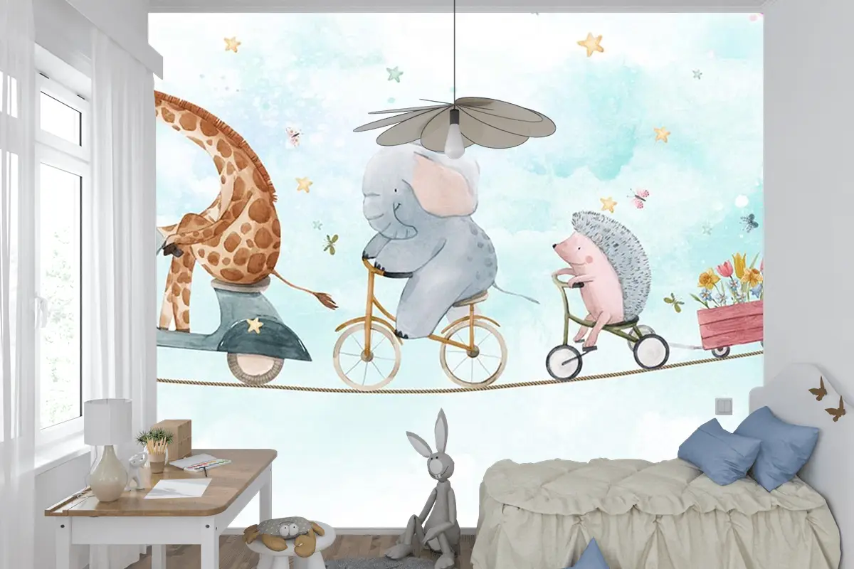 İp Üzerinde Bisiklet Süren Sevimli Hayvanlar Çocuk Odası Duvar Kağıdı