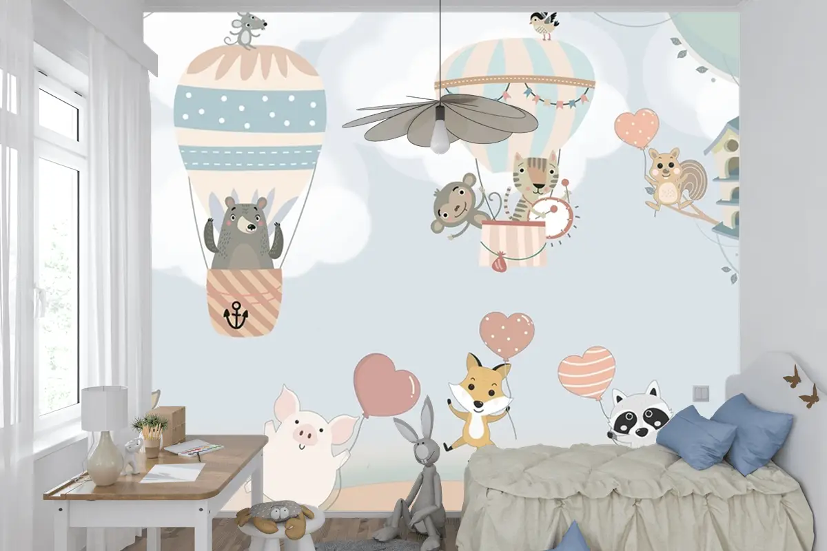 İskandinav Hayvanları Sıcak Hava Balonları Çocuk Odası Duvar Kağıdı