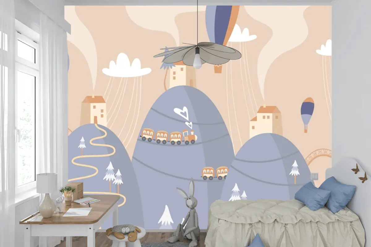 İskandinav Manzara Tepeler Sıcak Hava Balonları Tren Çocuk Bebek Odası Duvar Kağıdı