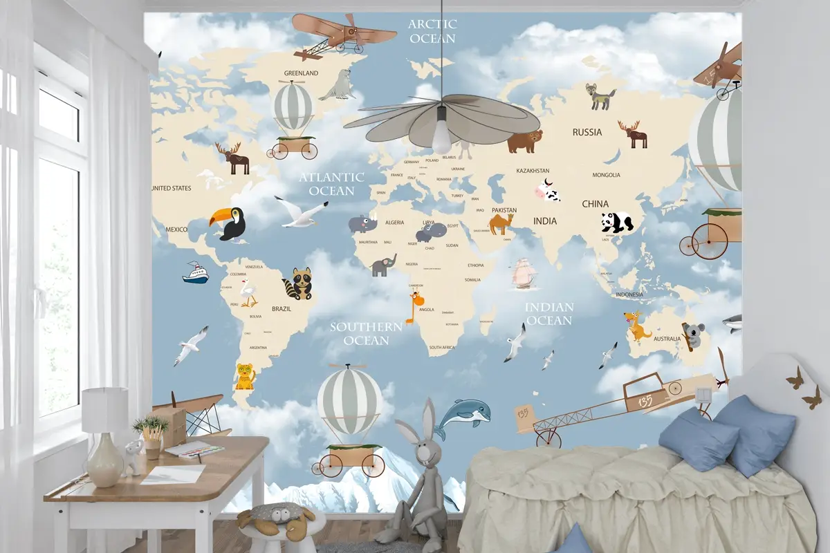 Keşif ve Oyun Temalı Harita Desenli Çocuk Odası Duvar Kağıdı
