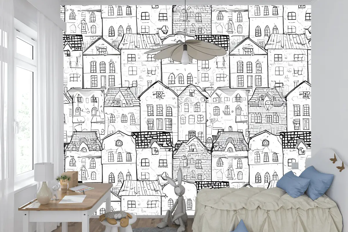 Çocuklar Siyah Beyaz Eskiz Ev Çocuk Odası Duvar Kağıdı 