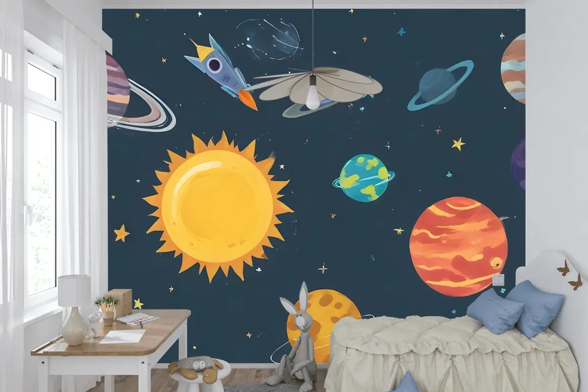 Kids Boys Suluboya Uzay Ve Güneş Sistemi Çocuk Odası Duvar Kağıdı