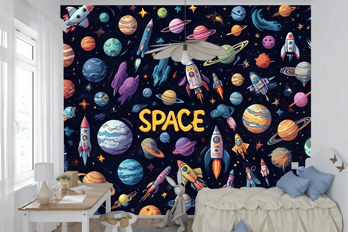 Astronot Ve Renkli Gezegenlerle Çocuk Karikatür Uzay Çocuk Odası Duvar Kağıdı