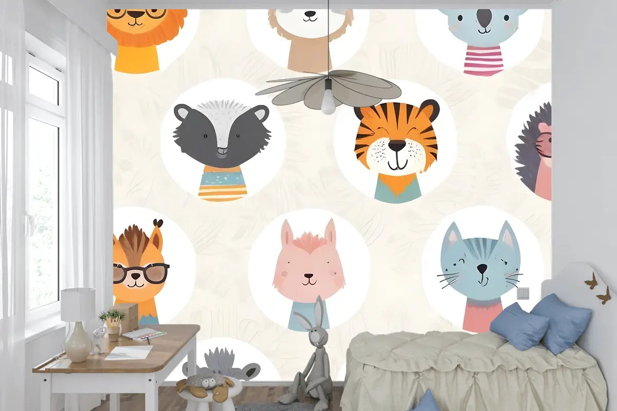 Çocuklar Sevimli Safari Hayvanlar Desen Çocuk Odası Duvar Kağıdı 