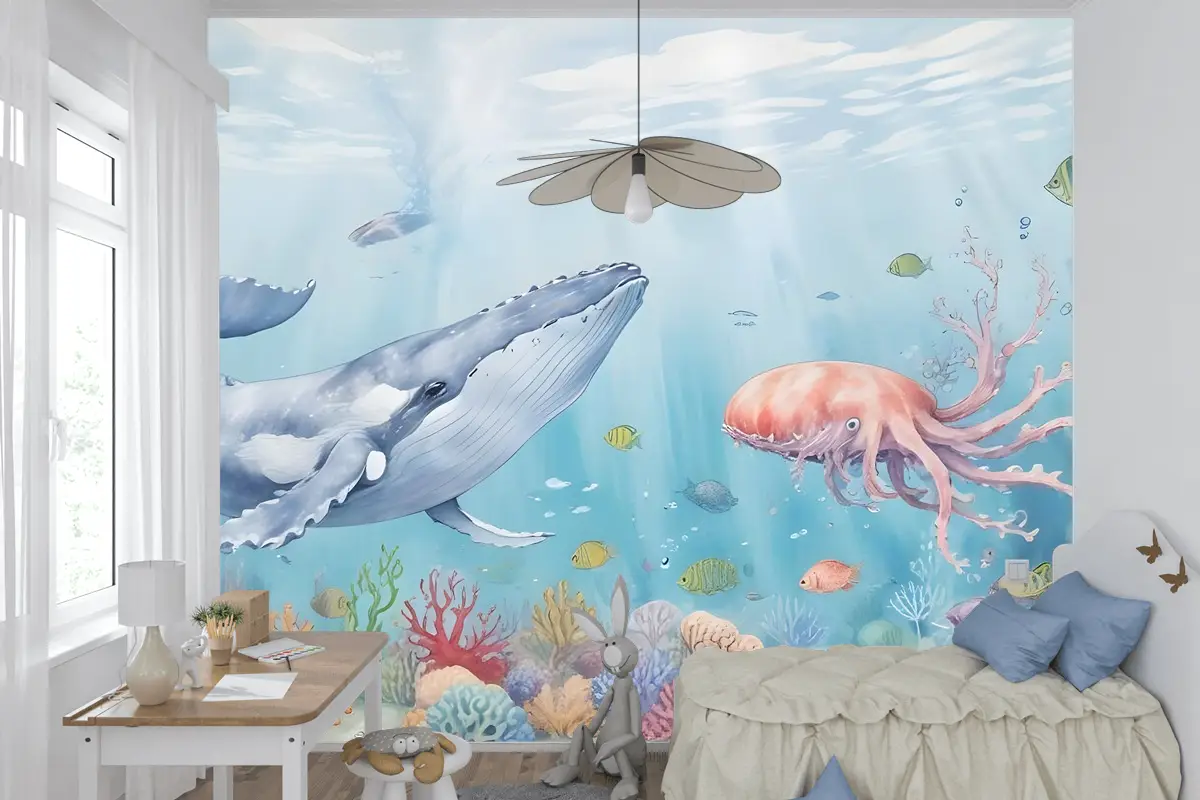 Çocuklar Sevimli Balina Denizaltı Çocuk Odası Duvar Kağıdı Duvar Resimleri