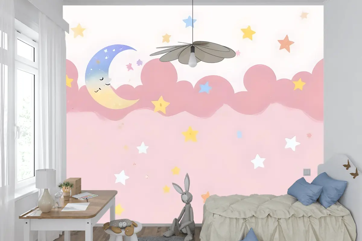Çocuk Kız Pembe Gece Uyuyan Ay Çocuk Odası Duvar Kağıdı