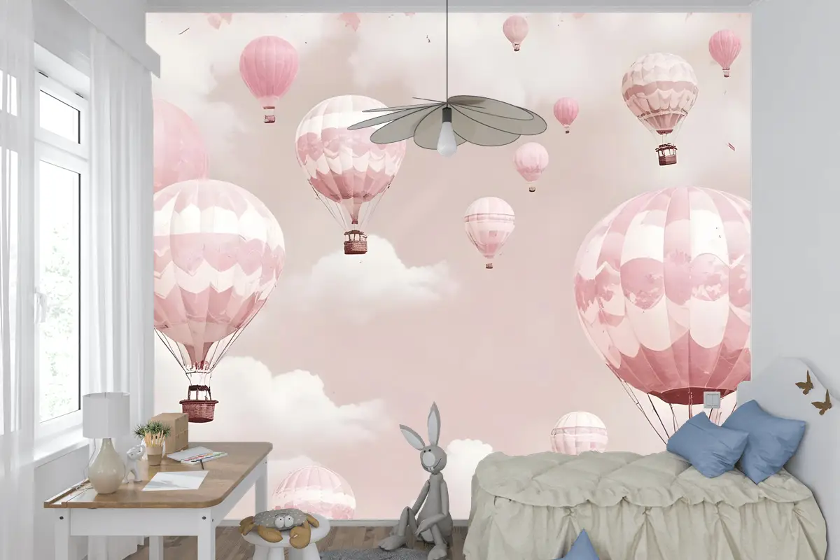 Çocuk Kız Sıcak Hava Balonu Çocuk Odası Duvar Kağıdı Duvar Pembe Gökyüzü