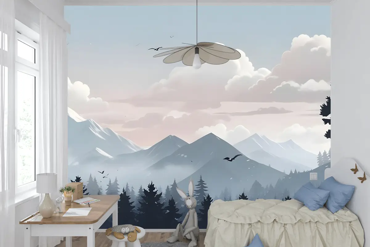 Çocuklar Karla Dağ Manzarası Çocuk Odası Duvar Kağıdı